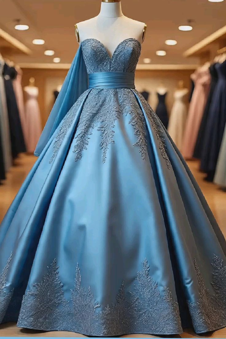 girlhomeshops-Blue, delicately beaded, long satin ball gown gh6159