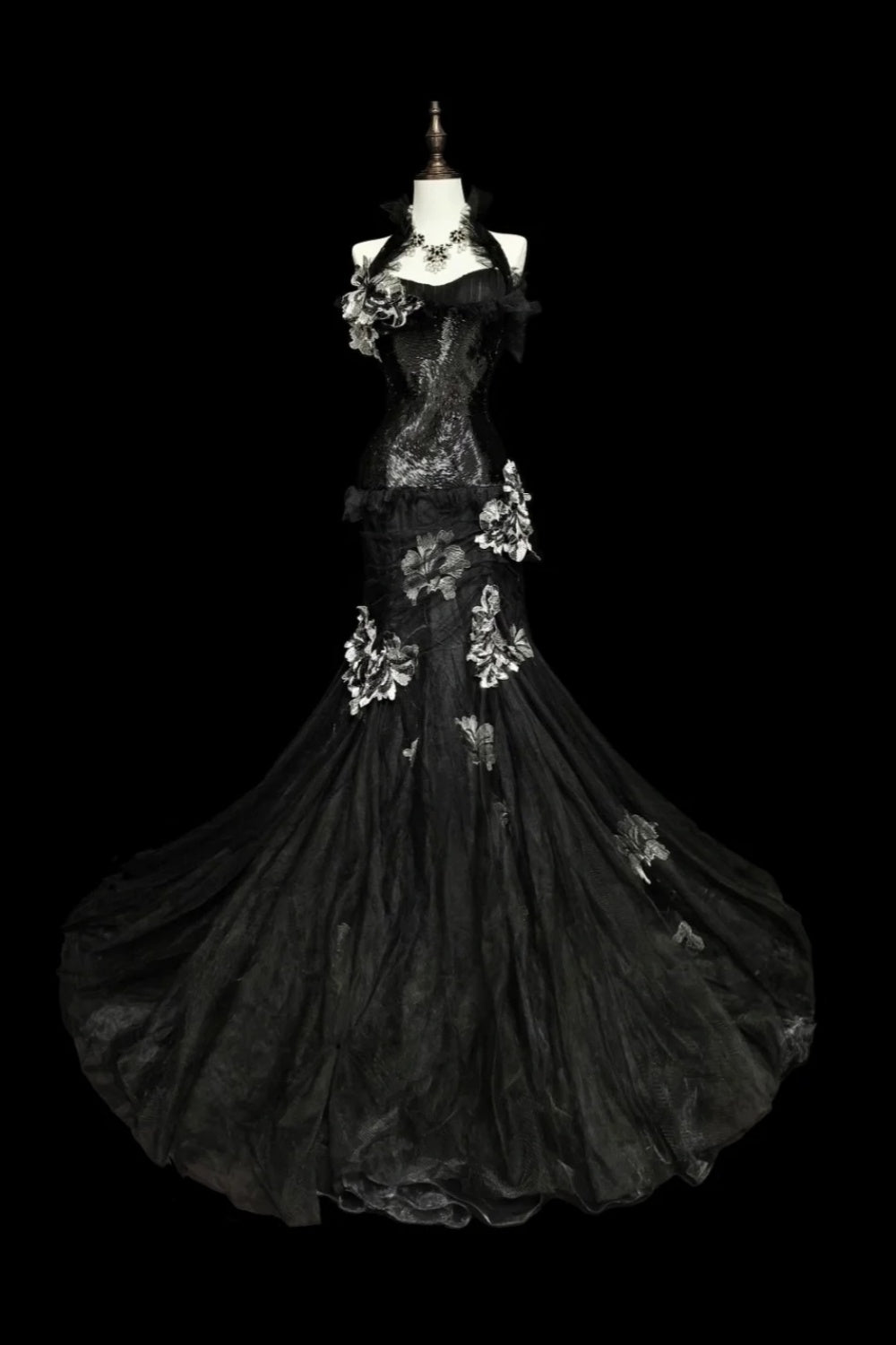 girlhomeshops-Evening dress Black mermaid-inspired floral gown, uniquely elegant dark mermaid long tulle ball gown/evening dress. gh6138