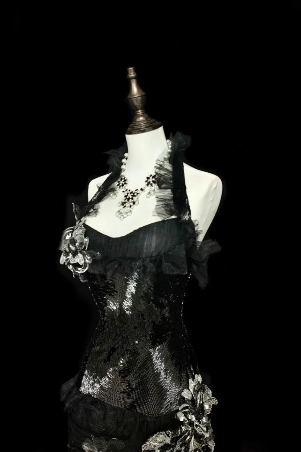 girlhomeshops-Evening dress Black mermaid-inspired floral gown, uniquely elegant dark mermaid long tulle ball gown/evening dress. gh6138