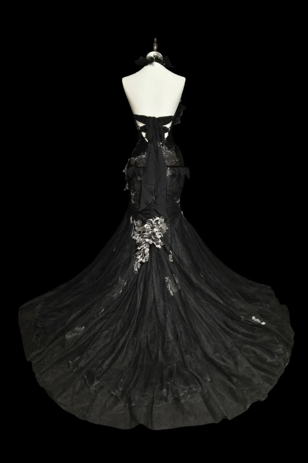 girlhomeshops-Evening dress Black mermaid-inspired floral gown, uniquely elegant dark mermaid long tulle ball gown/evening dress. gh6138
