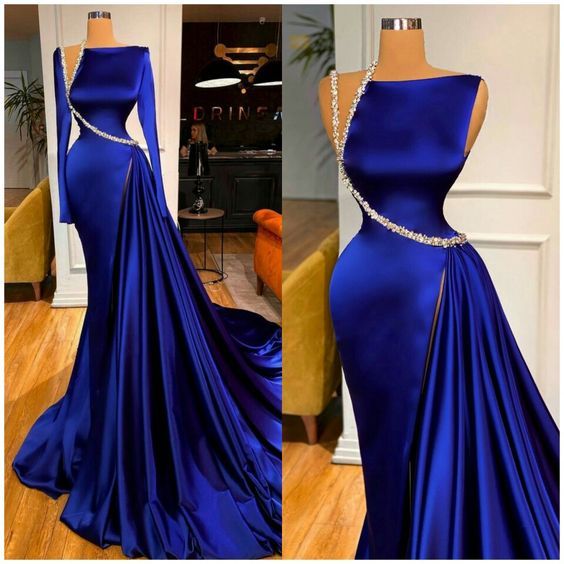 Blaues wunderschönes glänzendes langes Schlitz elegantes bodenlanges Ballkleid Abendkleid Partykleid gh3232