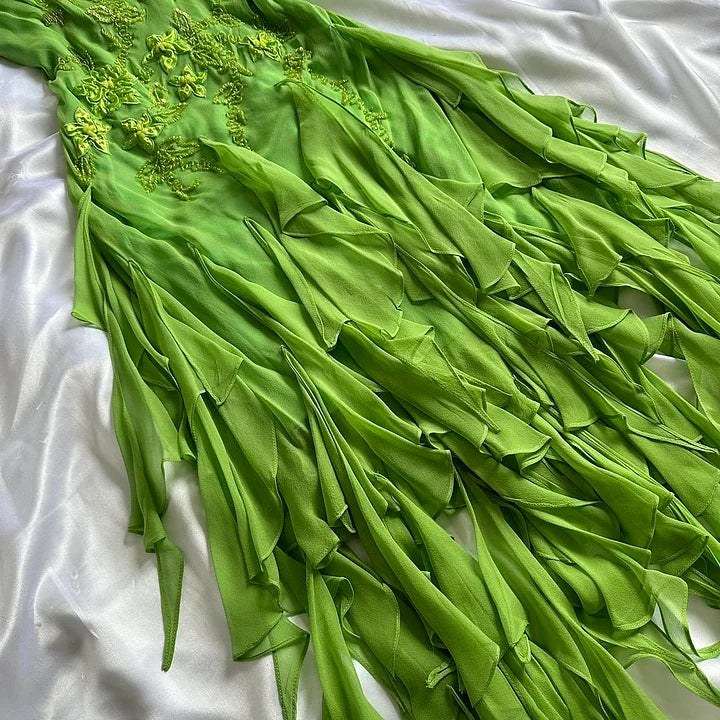 Green shiny fashion exquisite floral beading spaghetti straps long chiffon ruffles long ball gown evening dress party dress gh3403