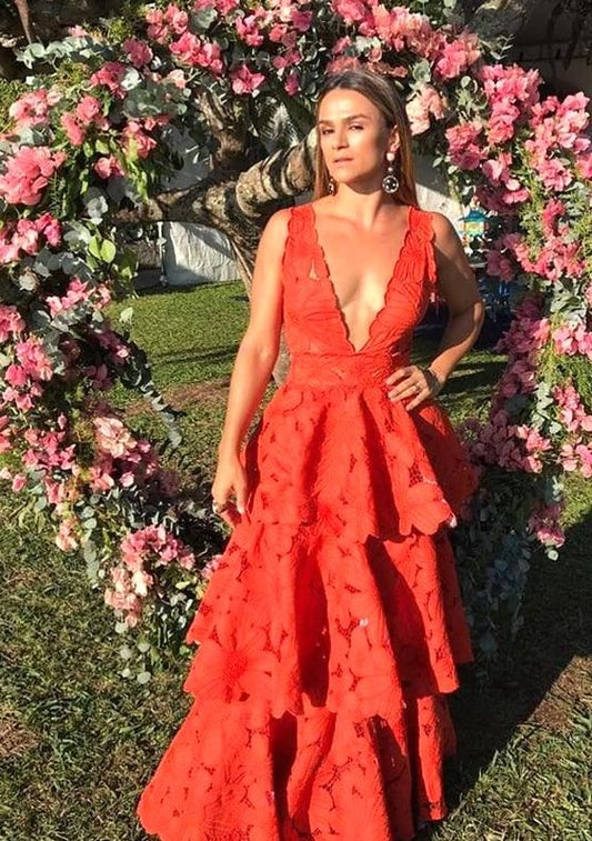 Deep V neck orange A-line long tiered ball gown evening dress gh2810