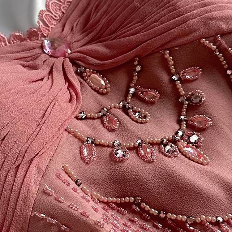 Robe de soirée longue en mousseline de soie, élégante et florale rose, avec perles exquises, gh4234
