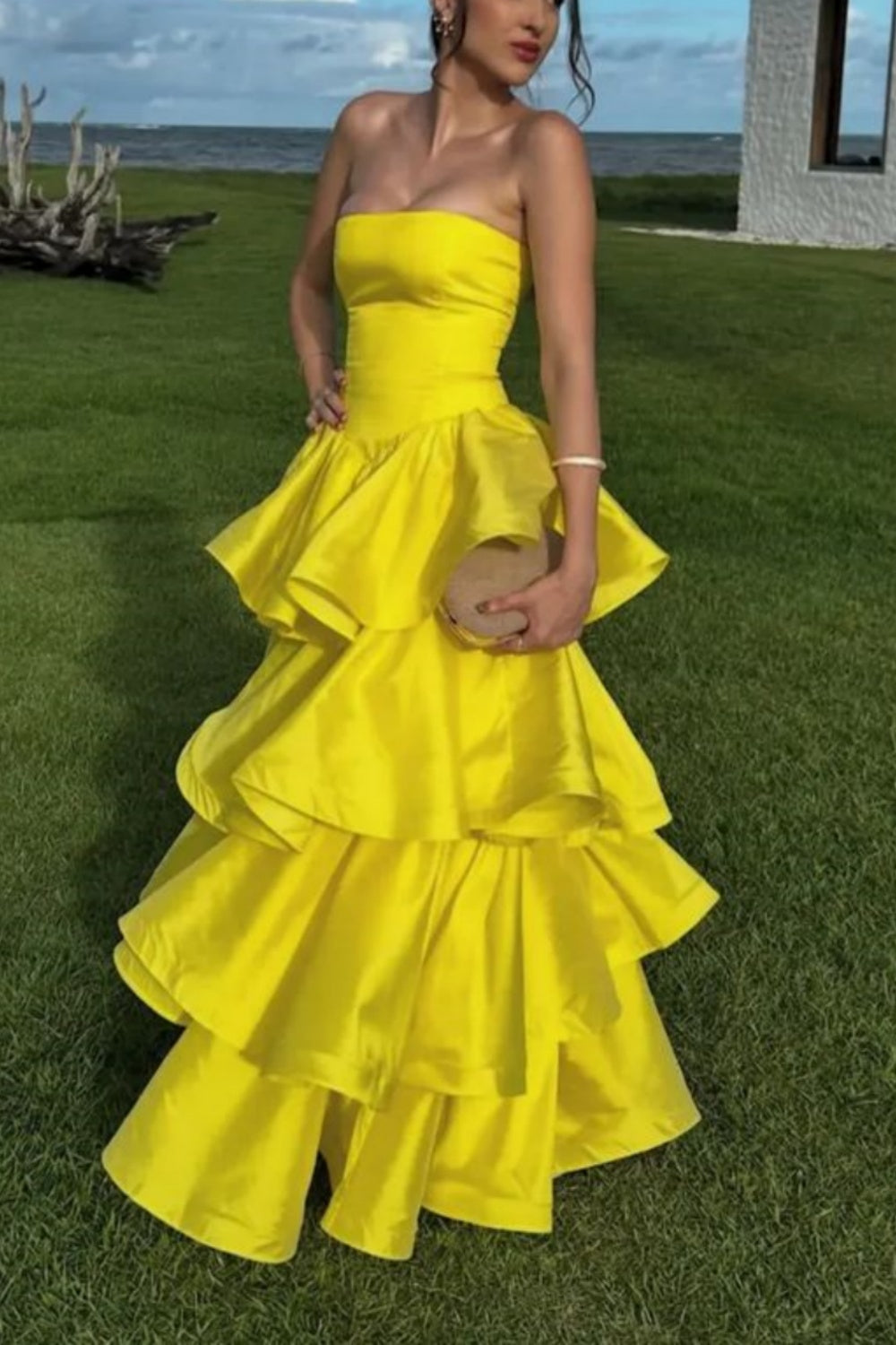 girlhomeshops - Robe de bal longue jaune élégante et simple à superpositions gh5783