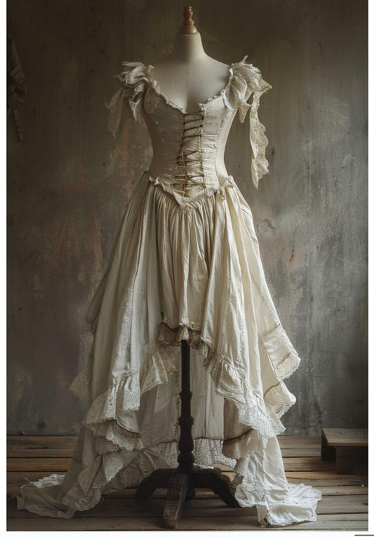 Robe vintage à lacets et à volants blanc cassé gh6394