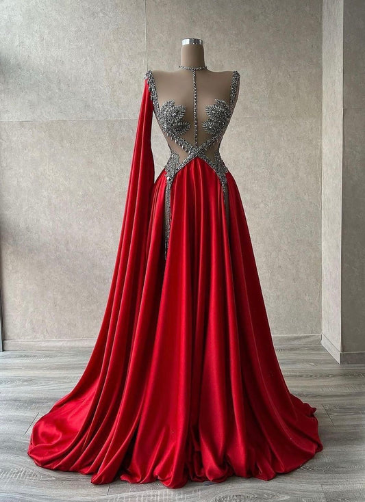 Girlhomeshops-Rot wunderschöne exquisite Perlen sexy elegante lange Satin Ballkleid Abendkleid Partykleid gh5402