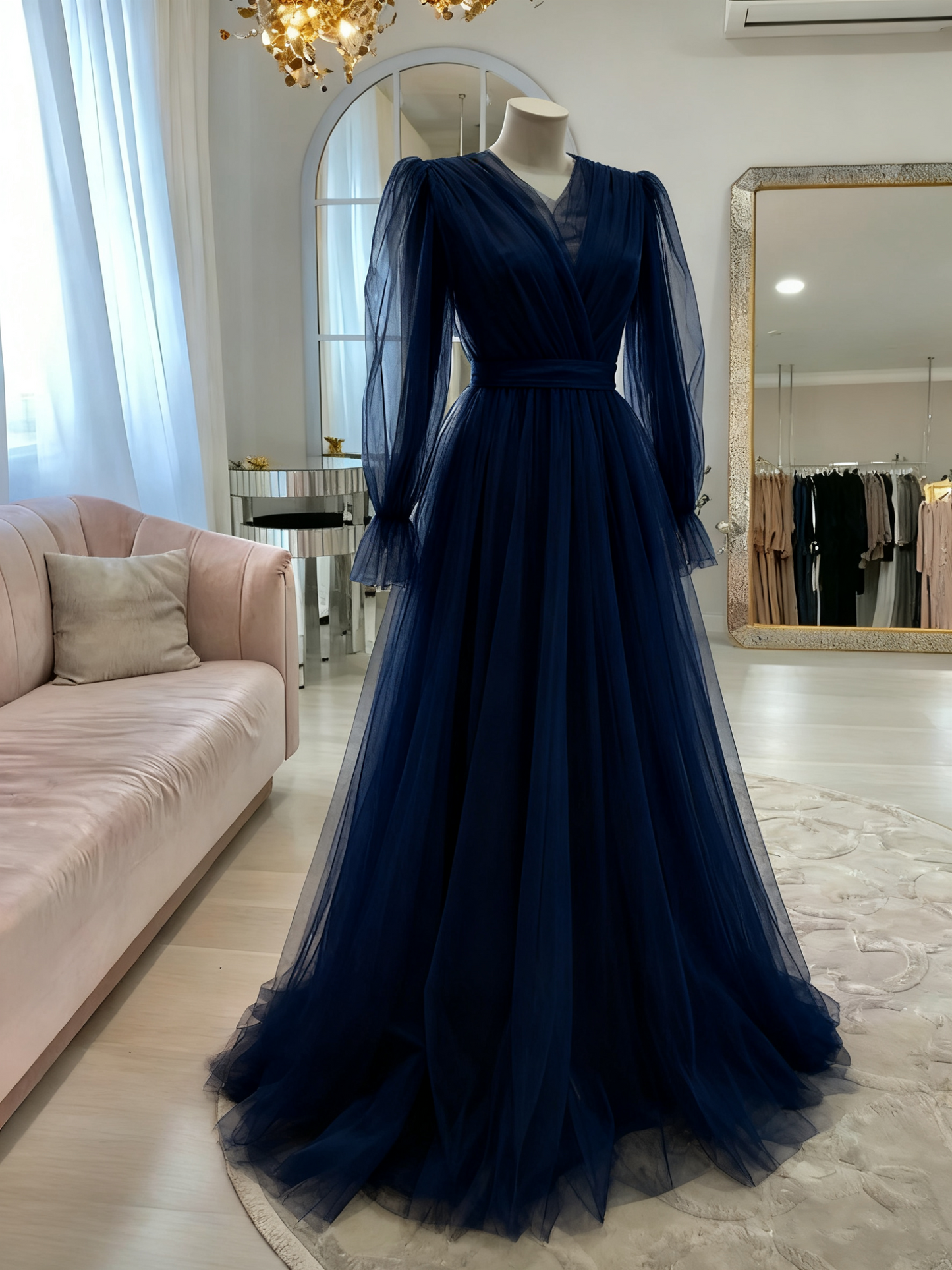 High Quality Pink Simple Elegant Long Sleeve Tulle Long Evening Dress, Ball Gown, Wedding Dress, Wedding Guest Dress,Gala Dress Gh2215