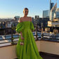 Green Strapless Puff Sleeve Long Satin Ball Gown Evening Dress gh3116