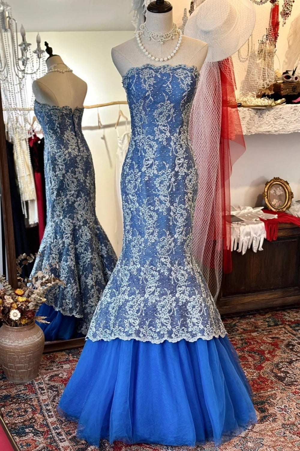 Blue & White Lace Bandeau Mermaid Dress: Heavy Embroidery, Gradient dress, High-end Banquet Maxi Dress gh6585