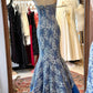Blue & White Lace Bandeau Mermaid Dress: Heavy Embroidery, Gradient dress, High-end Banquet Maxi Dress gh6585