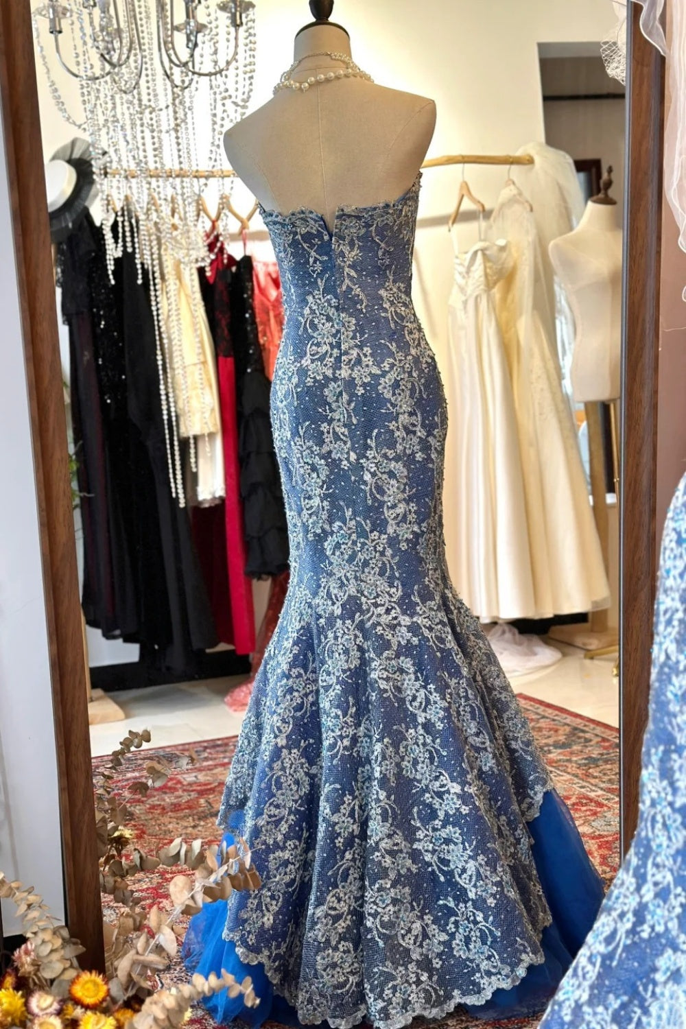 Blue & White Lace Bandeau Mermaid Dress: Heavy Embroidery, Gradient dress, High-end Banquet Maxi Dress gh6585