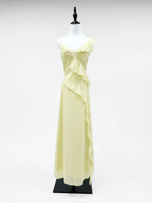 Girlhomeshops-Gelbes Chiffon-Langballkleid mit Rüschen, Geburtstagspartykleid, gh5421