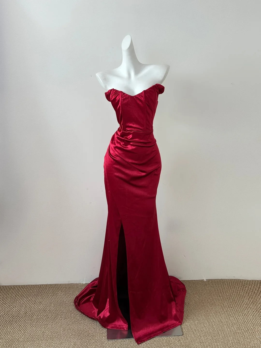 Red shiny fashion elegant long floor-length trailing satin sexy slit ball gown evening dress party dress prom dress gh4053