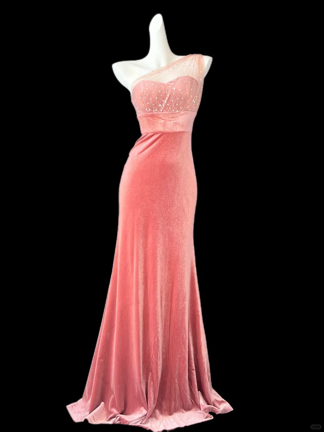 Pink shiny simple fashion elegant sweetheart neckline one shoulder long velvet sequined tulle floor-length trailing ball gown evening dress prom dress gh4073