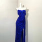 Blue Fashion Sparkling Elegant Spaghetti Straps Floor Length Sexy Slit Sequin Ball Gown Evening Gown Party Dress Prom Gown gh3745