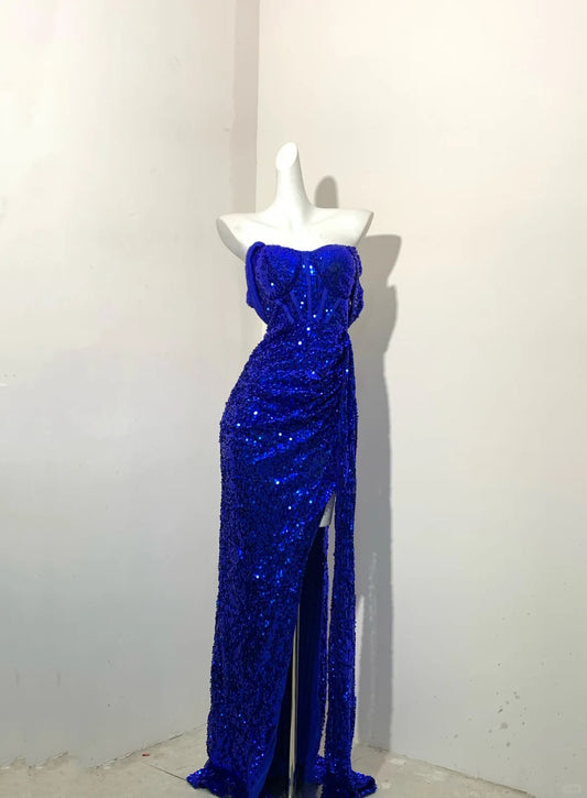 Blue Fashion Sparkling Elegant Spaghetti Straps Floor Length Sexy Slit Sequin Ball Gown Evening Gown Party Dress Prom Gown gh3745