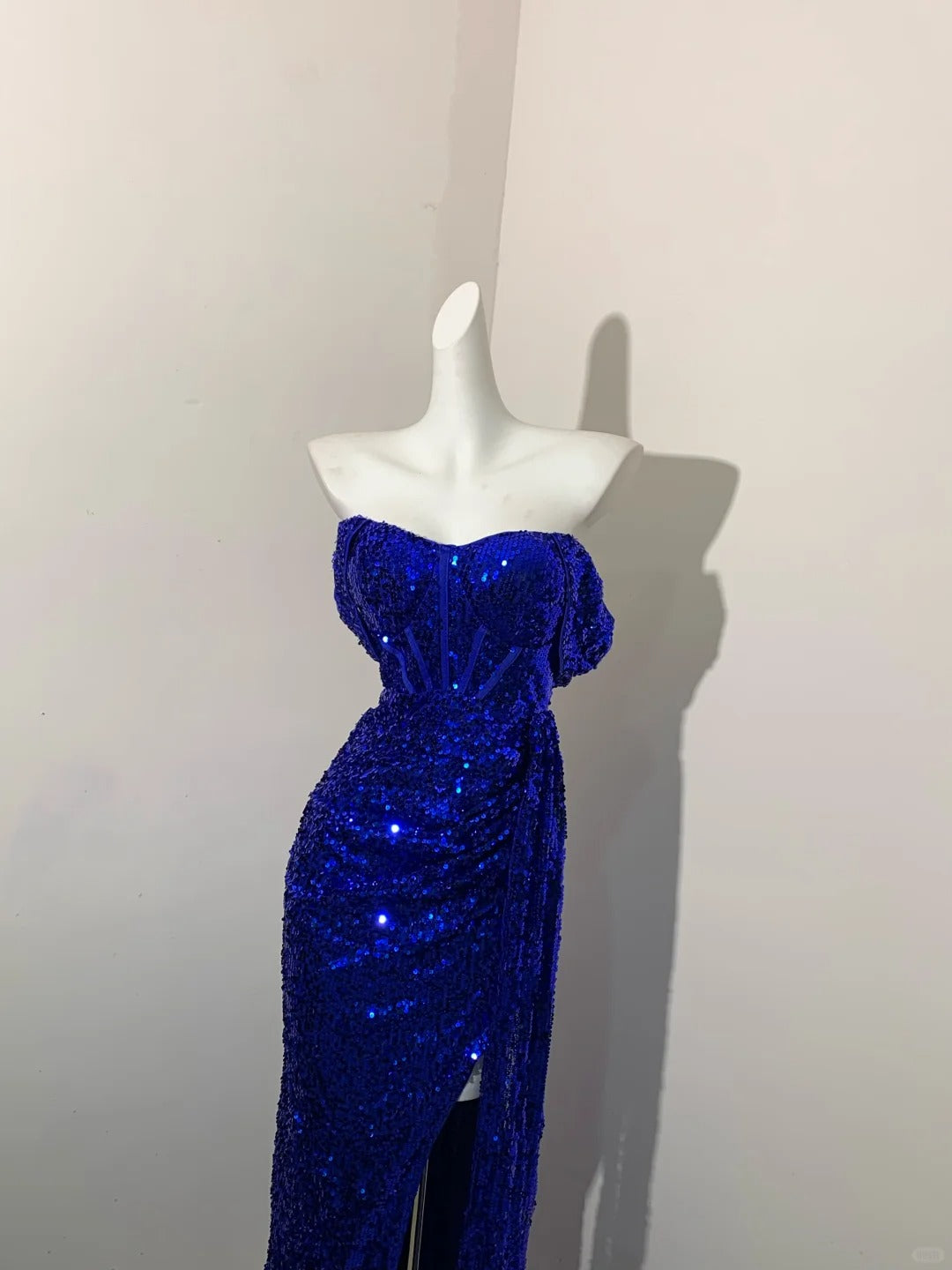 Blue Fashion Sparkling Elegant Spaghetti Straps Floor Length Sexy Slit Sequin Ball Gown Evening Gown Party Dress Prom Gown gh3745