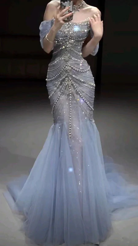 Blue gorgeous shiny beautiful off-shoulder exquisite beading long tulle mermaid slim fishtail skirt ball gown formal evening gown wedding dress gh3559