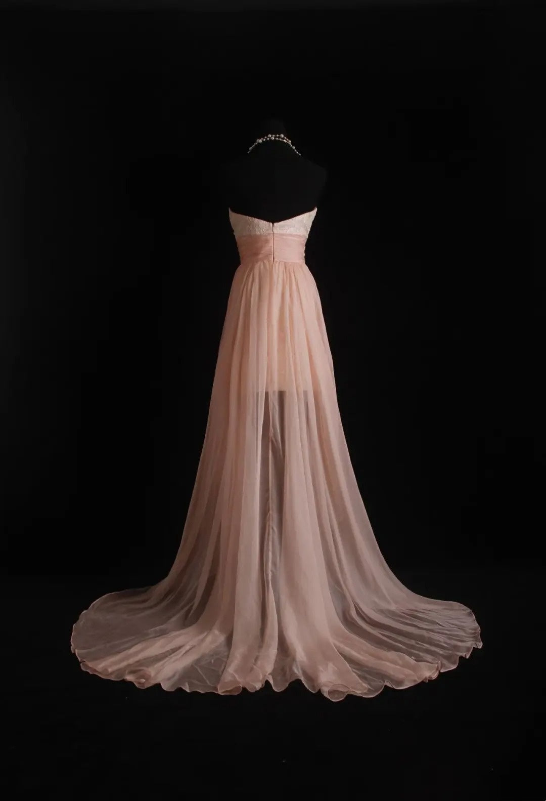 girlhomeshops-Light Pink Lace and Chiffon Sleeveless High-Low Train Evening Gown gh6306