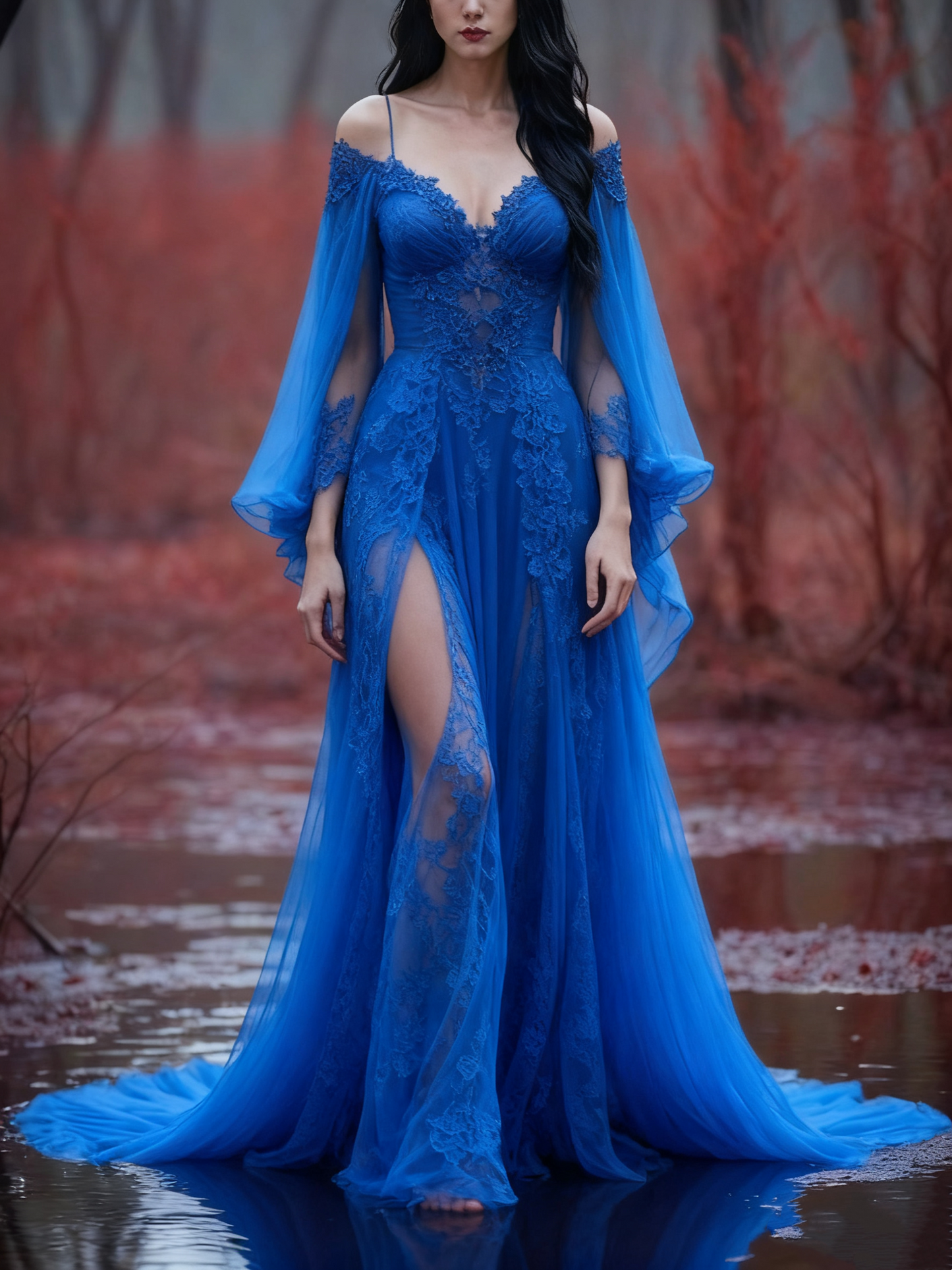 girlhomeshops-Langarm Tüll Bodenlang Schleppe Retro Elegant Ballkleid Abendkleid gh5943