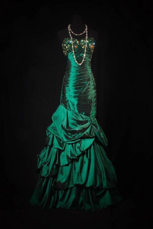 Robe de soirée sirène bustier en satin émeraude ornée de perles, style rétro luxueux - Robe de soirée et de cocktail haut de gamme gh6572