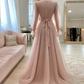 High Quality Pink Simple Elegant Long Sleeve Tulle Long Evening Dress, Ball Gown, Wedding Dress, Wedding Guest Dress,Gala Dress Gh2215