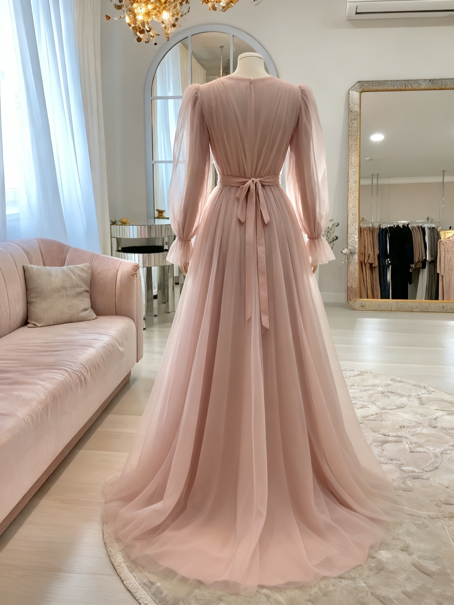 High Quality Pink Simple Elegant Long Sleeve Tulle Long Evening Dress, Ball Gown, Wedding Dress, Wedding Guest Dress,Gala Dress Gh2215