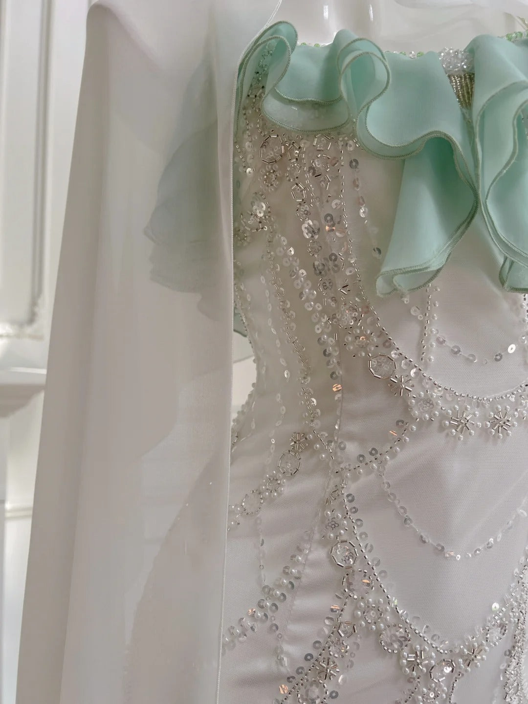 Robe de soirée longue en mousseline de soie vert menthe, ornée de perles, pour anniversaire, gh4407
