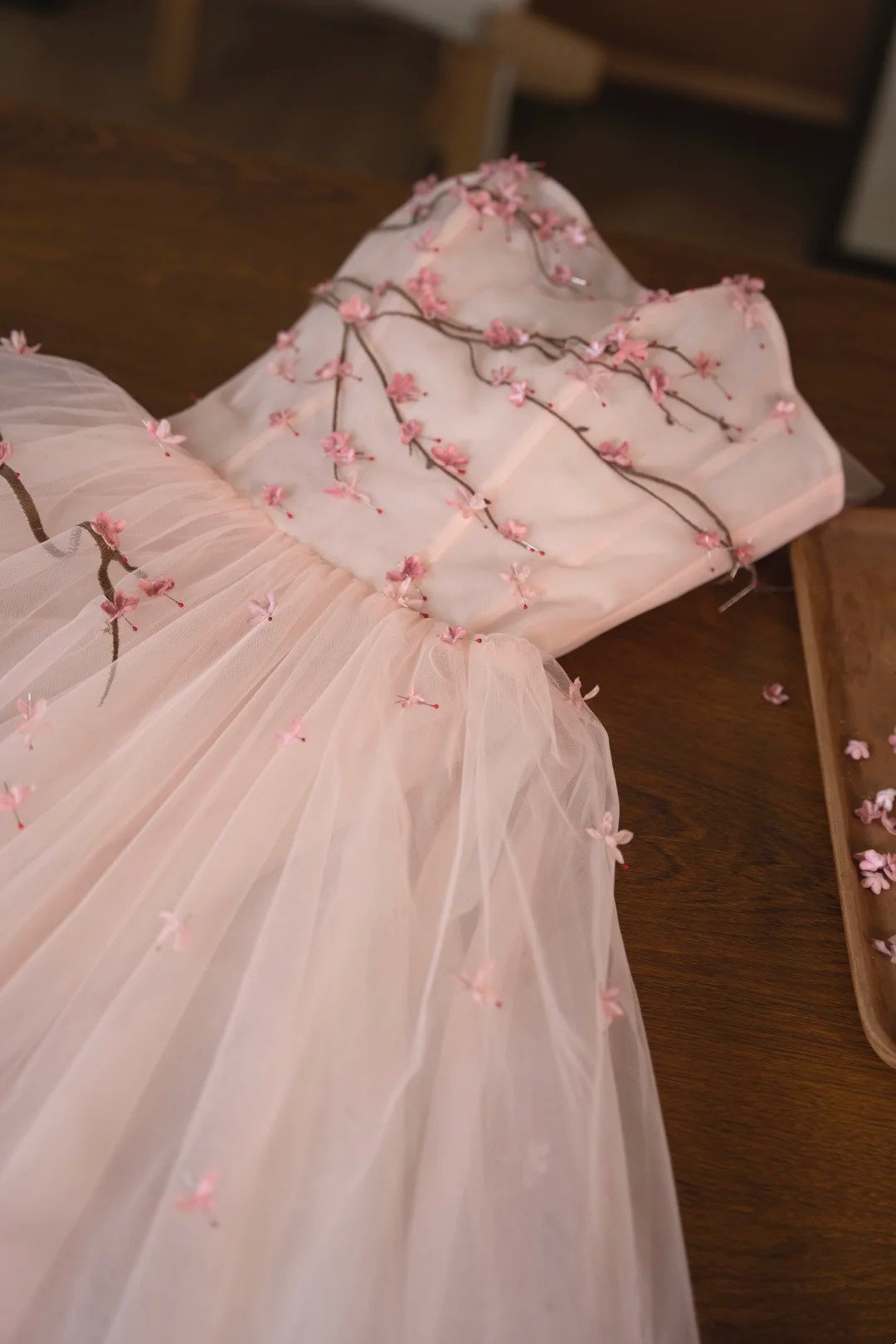 girlhomeshops- Vintage Peach Pink Plum Blossom 3D Embroidered Strapless Tulle Chinese Style Evening Gown gh6034