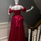 girlhomeshops-Burgundy Satin Spaghetti-Strap Puff-Sleeve Train Gown  gh6383