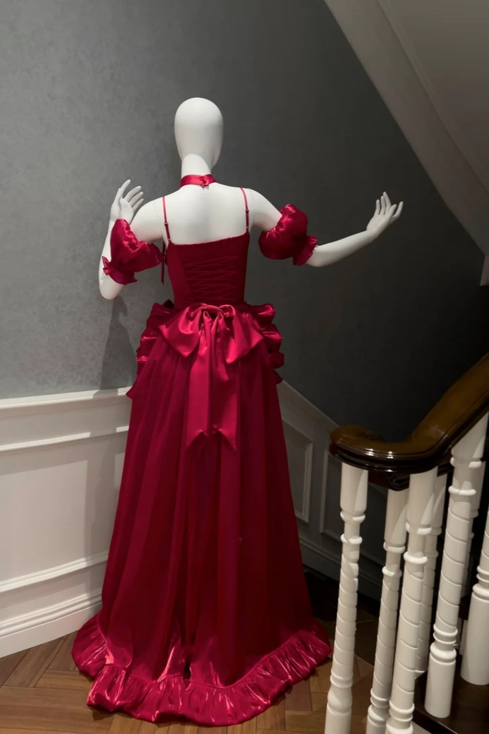 girlhomeshops-Burgundy Satin Spaghetti-Strap Puff-Sleeve Train Gown  gh6383