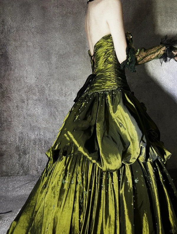 Robe de soirée longue en satin vert, magnifique et exquise, avec perles, gh4500