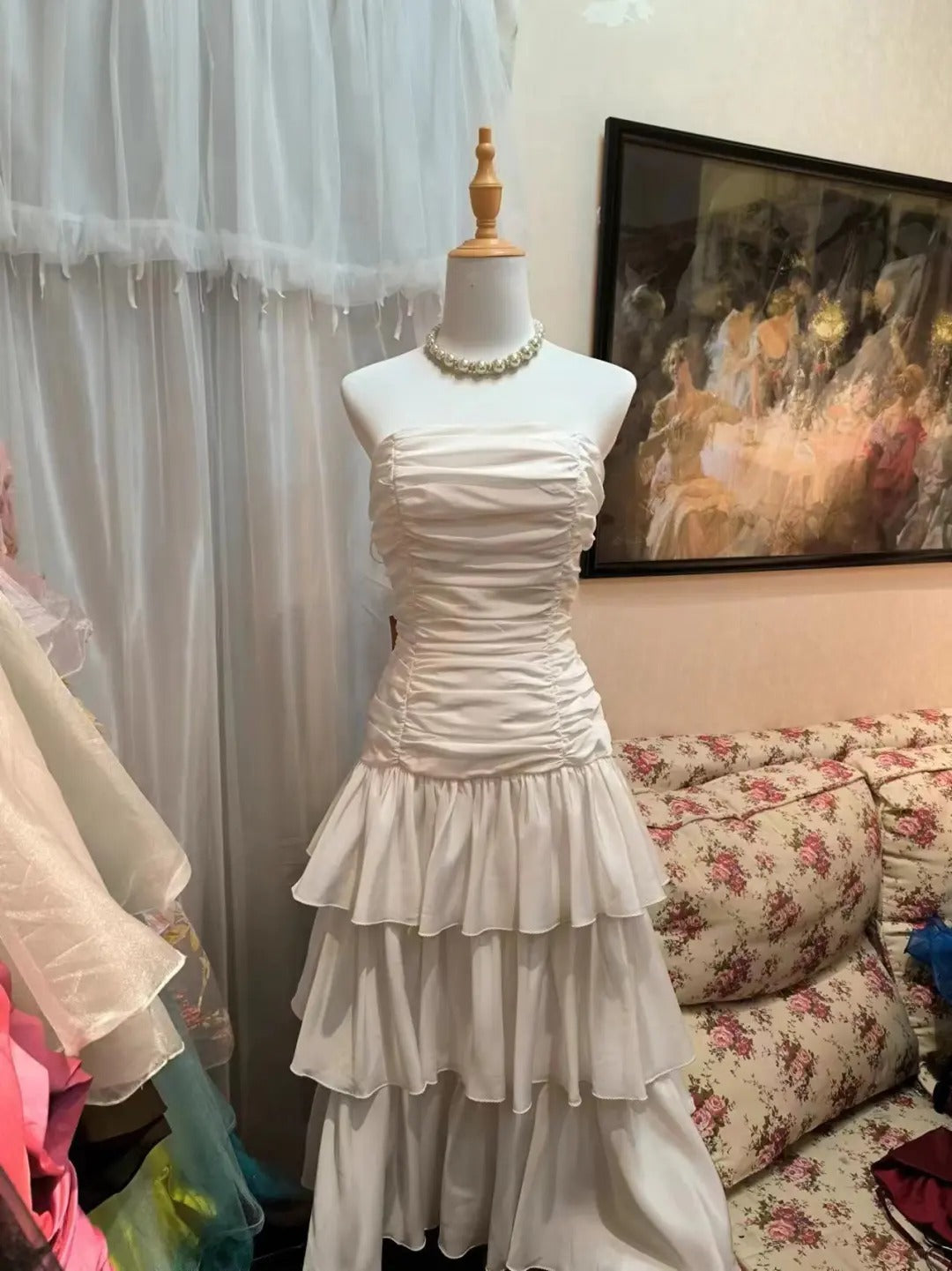 White Fashion Vintage Elegant Strap Short Tiered Satin Homecoming Dress Prom Dress Evening Dress Birthday Party Dress gh4150