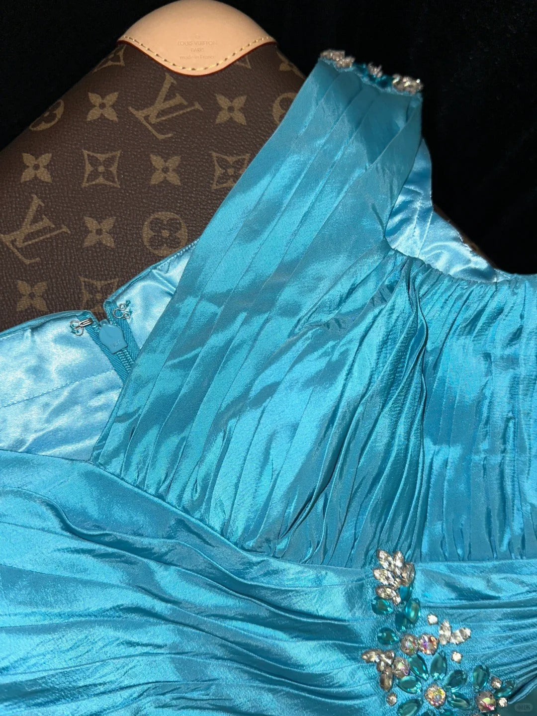 Blue Beaded Long Satin Ball Gown Evening Dress gh4425