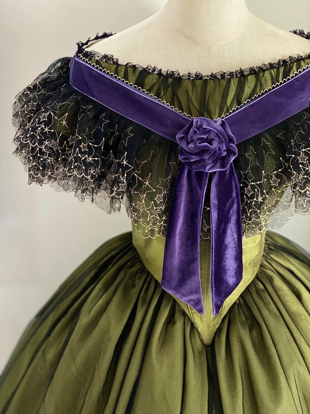 Olive Green Satin Off-the-shoulder Victorian Ball Gown: Satin Fabric, Velvet Floral Trim, Star-patterned Lace, Retro Ballgown Silhouette, Ball Formal Dress gh6734