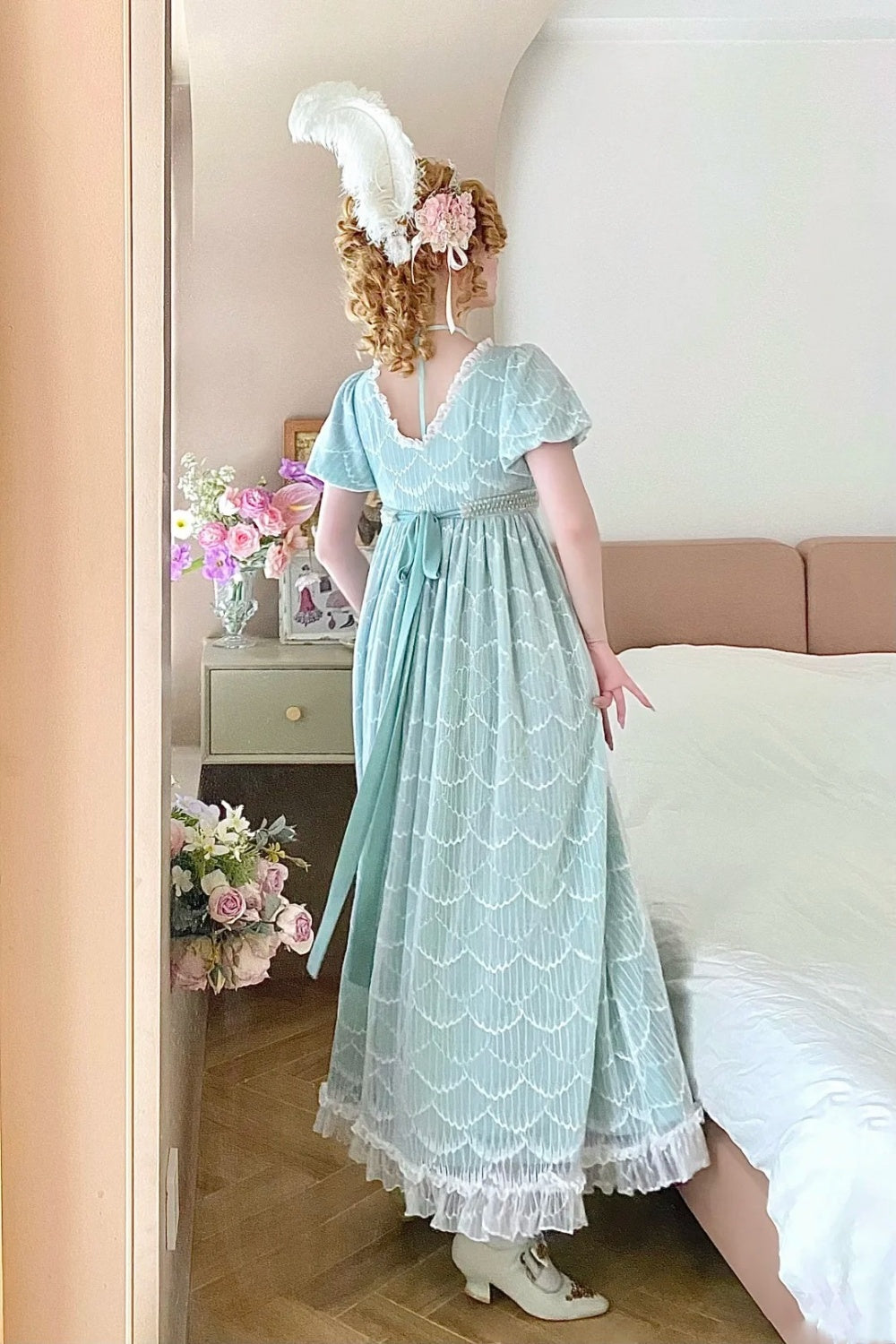 Mint Green Lace Square Neck Short Sleeve Floor-length Gown Retro Rococo Tea Party·Luxury Party Dress gh6738