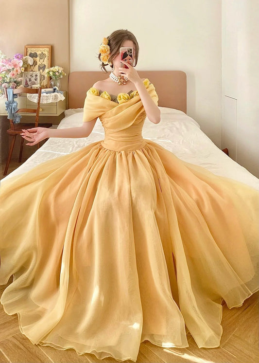 Cream Yellow Organza Off-the-shoulder Floor-length Ballgown 3D Rose Victorian Evening Dress gh6736