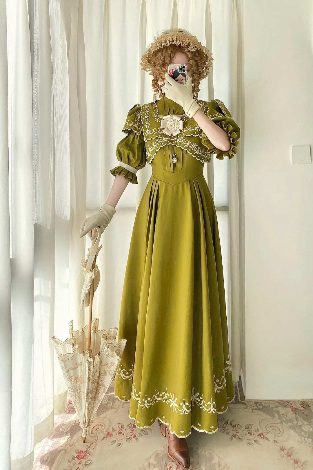 Olive Green Floor-length Gown Lace Victorian Tea Party·Retro Party Dress gh6737