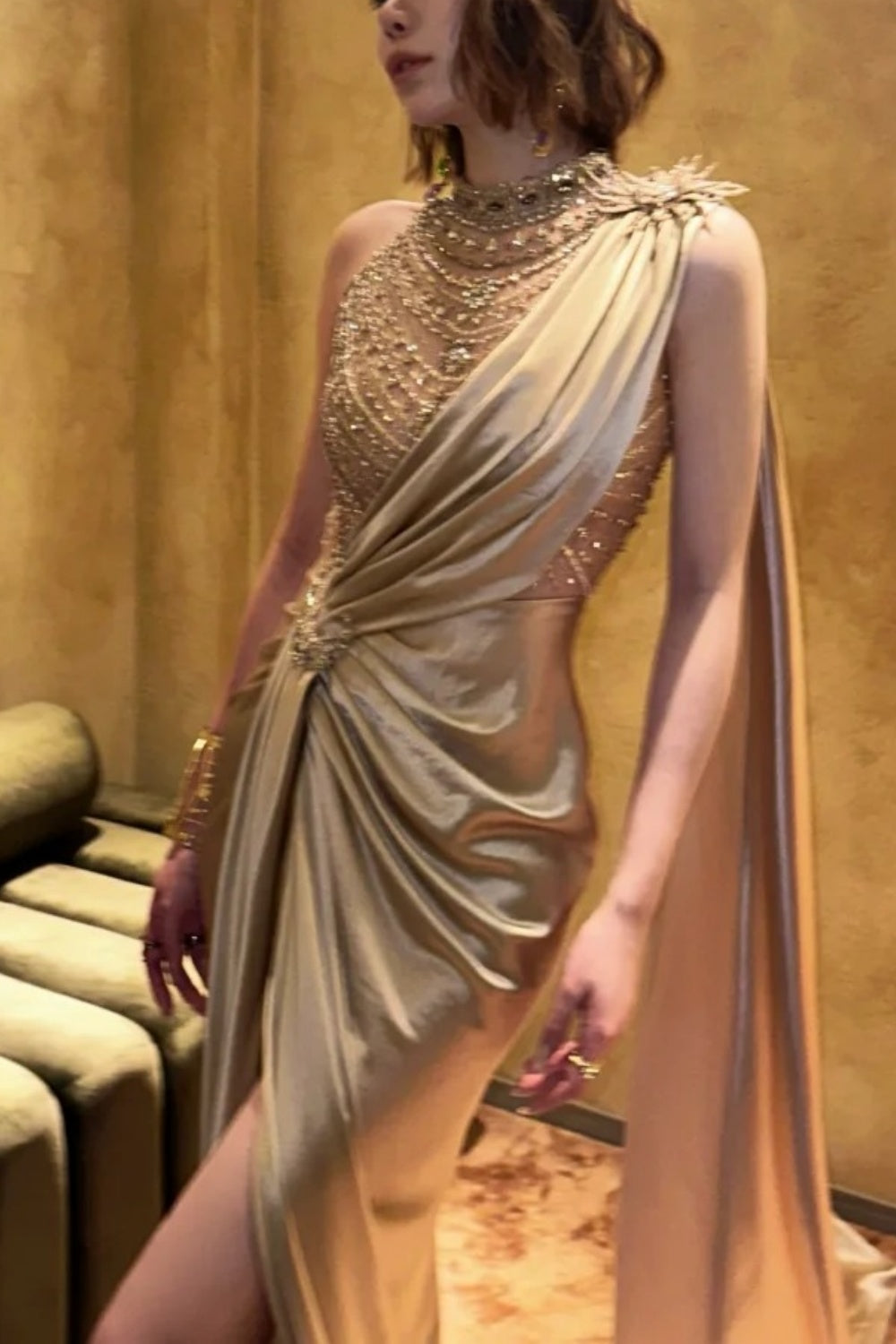 girlhomeshops-High - Slit Gilt One - shoulder Gown, Shining Beads Unleash Sexy Charm gh5897