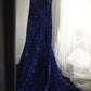 Robe de soirée bleu royal en queue de poisson, en velours, paillettes, perles, fente latérale, plissée, pour mariage, cérémonie, fête d'anniversaire, gh4326