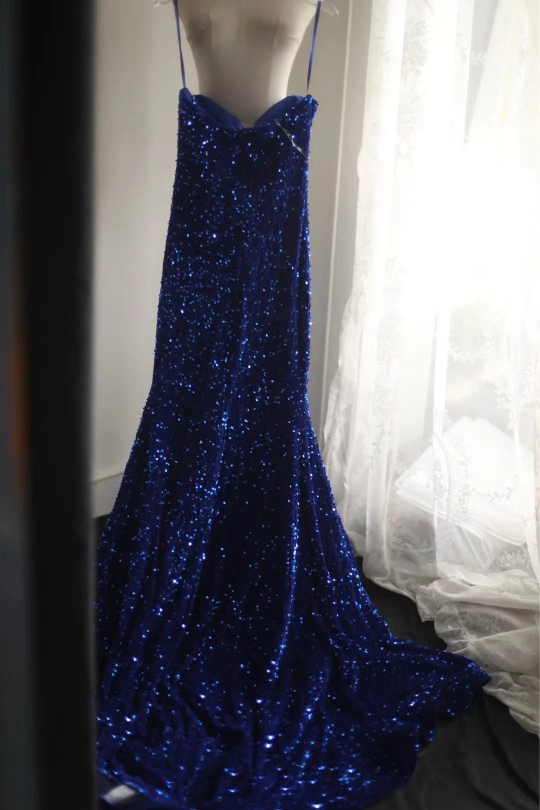 Robe de soirée bleu royal en queue de poisson, en velours, paillettes, perles, fente latérale, plissée, pour mariage, cérémonie, fête d'anniversaire, gh4326