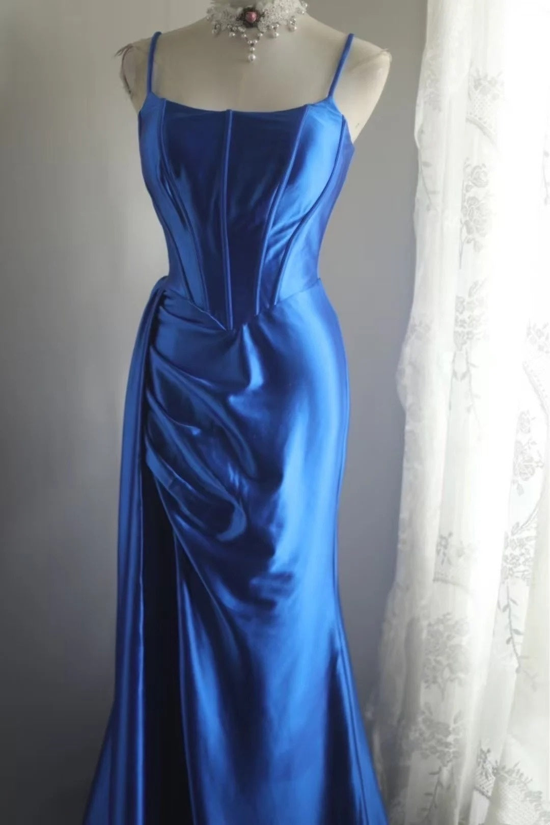 girlhomeshops-Sleeveless Royal Blue Satin Mermaid Dress, Retro Elegant Slim - fitting Floor - length Evening Gown  gh5828