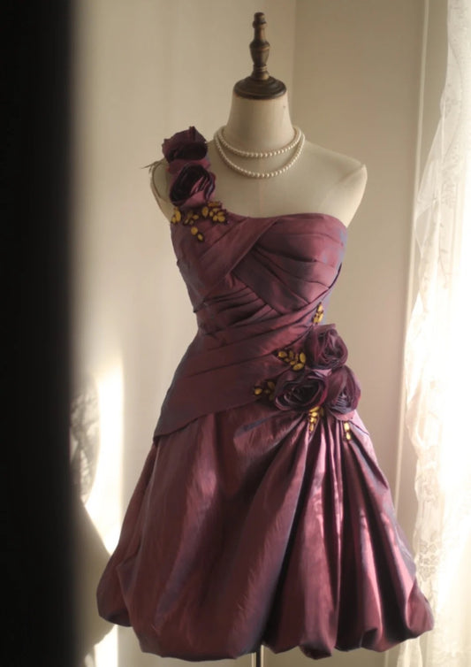 Symphony Purple Fashion Sexy Handmade Rose Flower Short Taffeta Satin Homecoming Dress Birthday Party Dress Cocktail Party Dress Evening Dress Retro Princess Dress Wedding Adult Ceremony Birthday Party gh3963