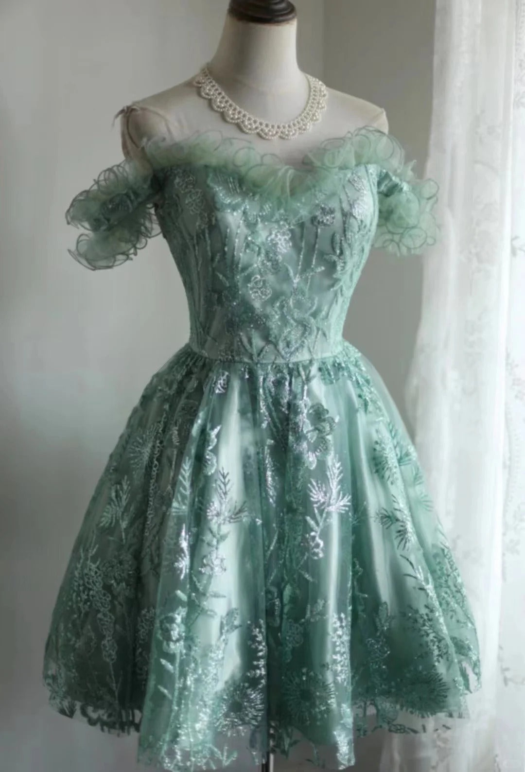 Green girl cute one shoulder flower bud print short princess dress adult birthday party homecoming dress gh4325