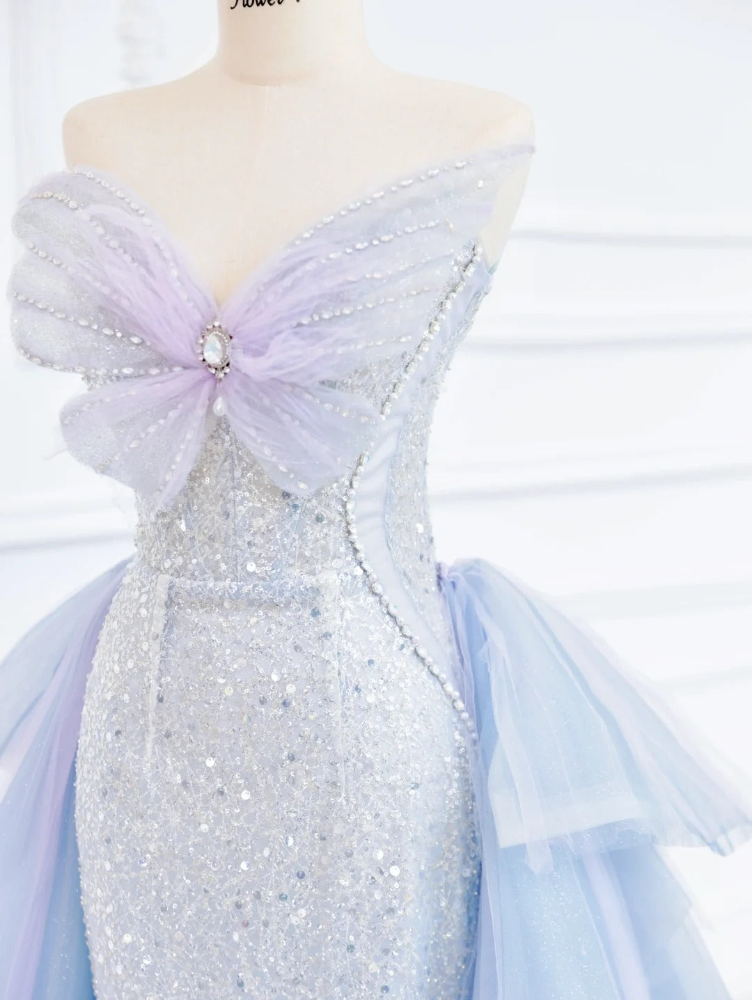 🦋Blue Butterfly Gorgeous Shiny Elegant Sequined Long Mermaid Tulle Ball Gown Evening Dress gh4272