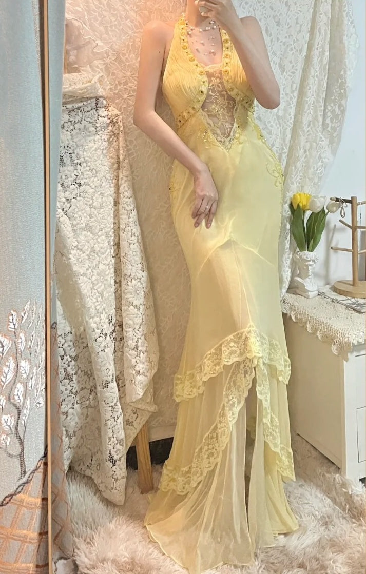 Robe de soirée longue en mousseline de soie, élégante et perlée, jaune, gh4467
