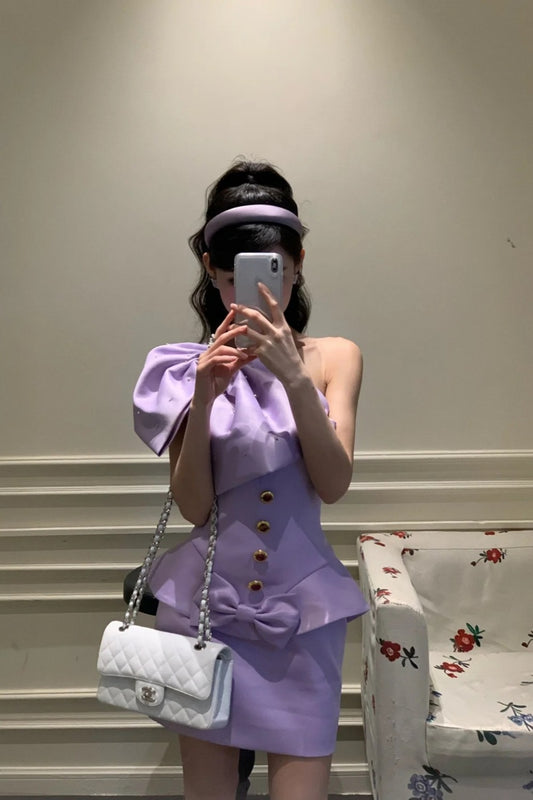 Purple Barbie Short One Shoulder Fashion Party Dress Satin gh6638