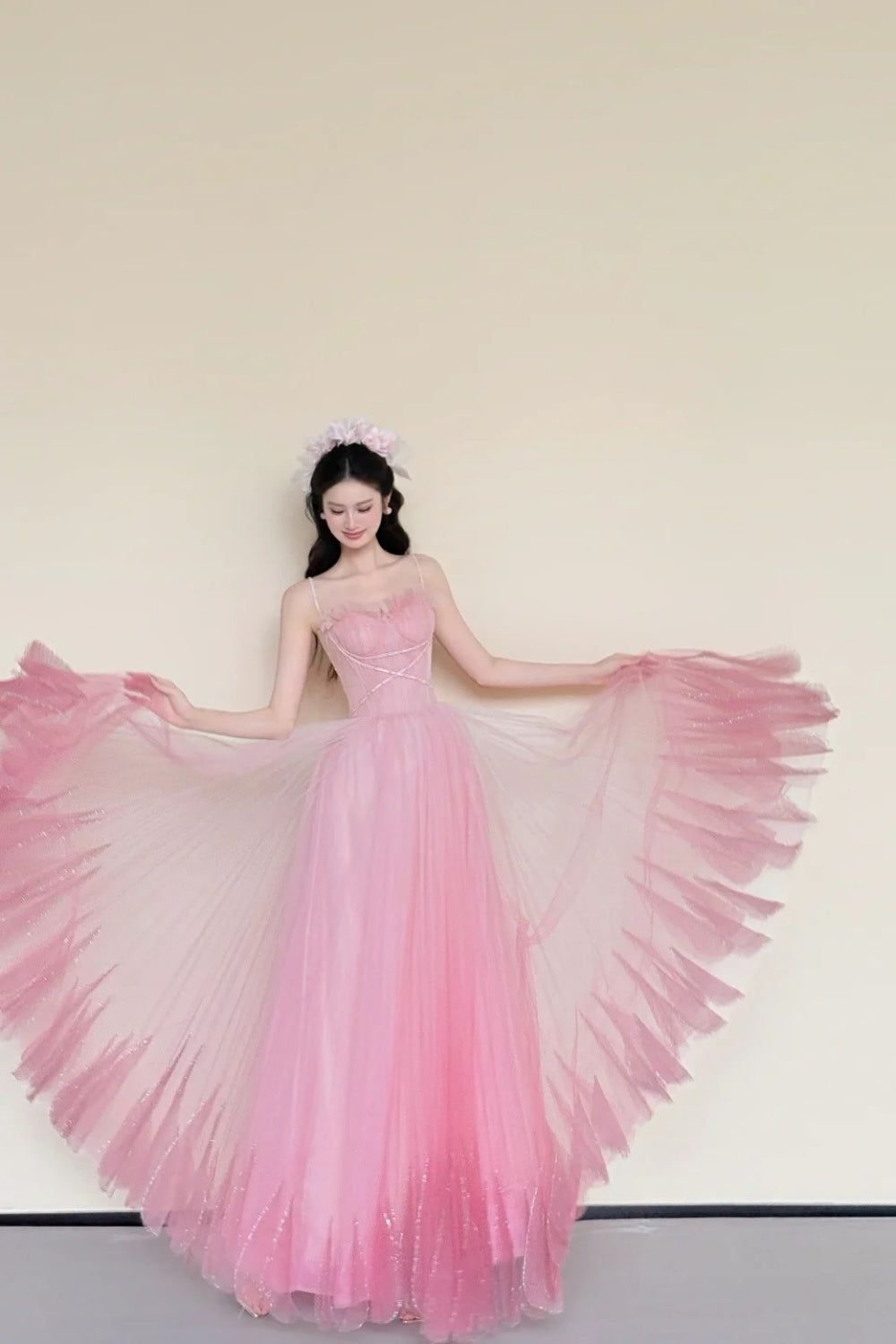 girlhomeshops-Blumenfeenkleid, rosa, glänzend, süß, exquisit, mit Perlen besetzt, lang, Tüll, Ballkleid, Abendkleid, Abschlusskleid, gh5980