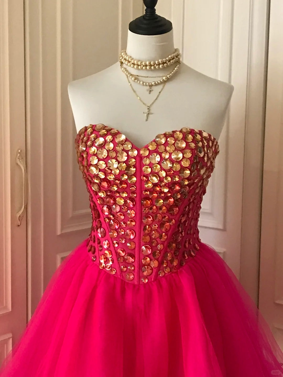 ❤️Pink retro noble princess short homecoming dress sequined tulle ball dress evening dress gh4392